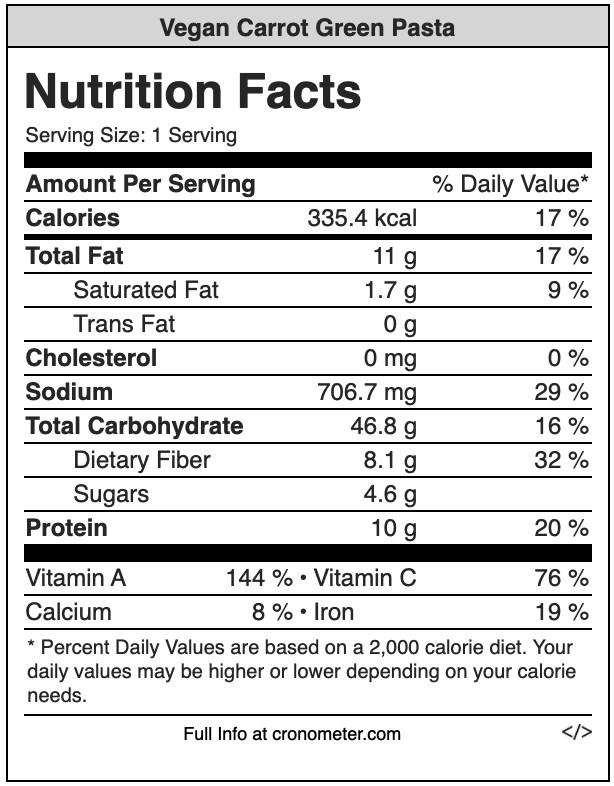 Nutrition value for Vegan Carrot-Green Pasta