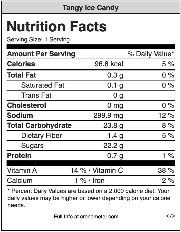 tangy ice candy - nutrition values - mango popsicle